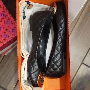 Tory Burch Black Quilted Flats with Gold Logo